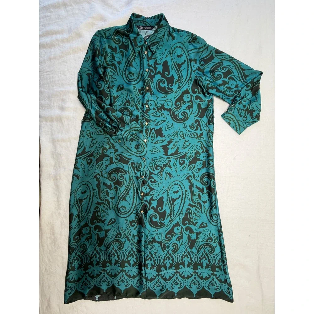 ZARA Teal Black Paisley Satin Shirt Dress XL Long Sleeve Button Up 8735/214 - Picture 8 of 12